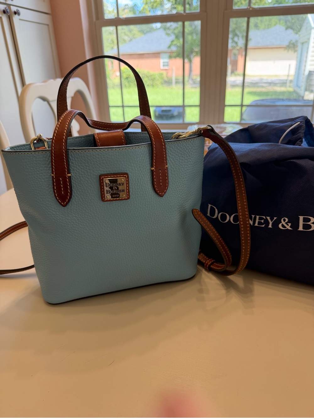 Dooney & Bourke Sky Blue Pebble Leather Mini Satchel with Brown Trim